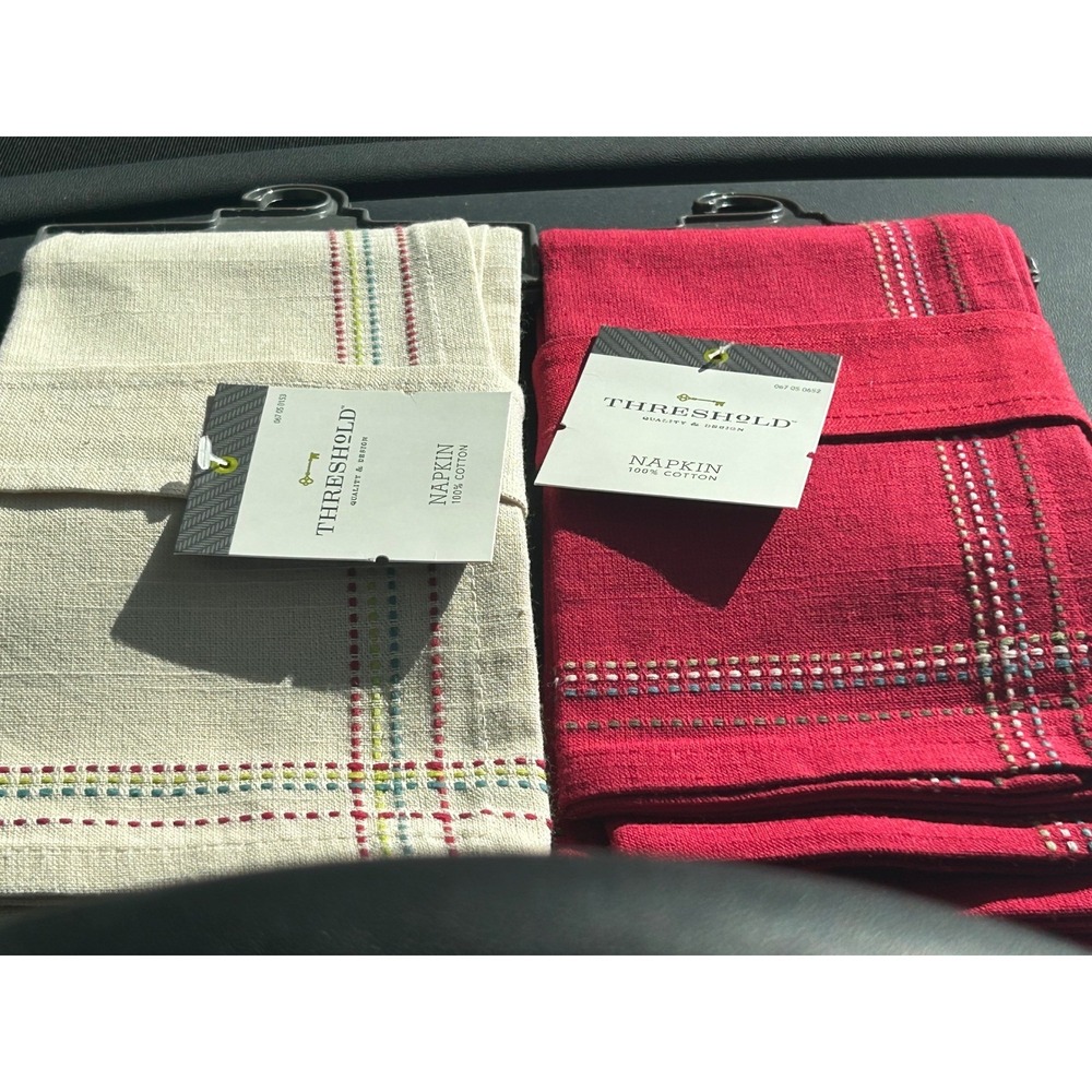 Threshold Cotton Napkins Set of 2 Red Cream Multi Color Dash Stitch 20x20 NEW